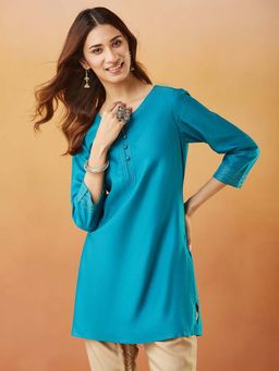 Fabindia - Teal Viscose Silk Solid Short Kurta