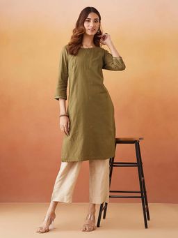Fabindia - Olive Cotton Embroidered Kurta