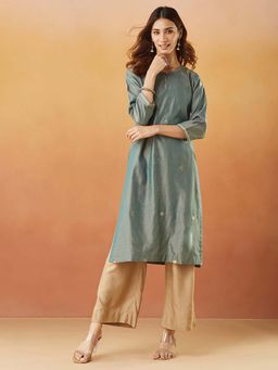 Fabindia - Blue Cotton Silk Embroidered Long Kurta