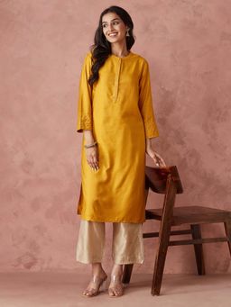 Fabindia - Mustard Viscose Silk Solid Kurta