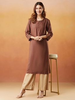 Fabindia - Brown Viscose Silk Solid Long Kurta