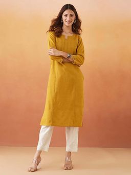 Fabindia - Yellow Cotton Self Design Long Kurta