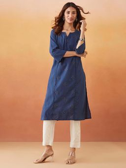 Fabindia - Indigo Cotton Embroidered Long Kurta