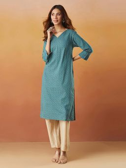 Fabindia - Teal Cotton Printed Long Kurta
