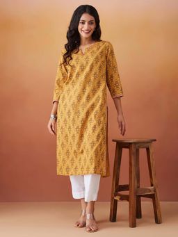 Fabindia - Mustard Cotton Printed Long Kurta
