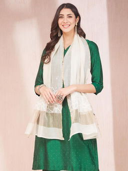 Fabindia - Off White Cotton Silk Embroidered Stole