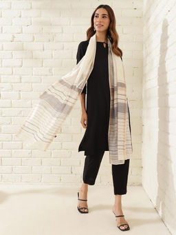 Fabindia - Off White Cotton Silk Blend Woven Stole