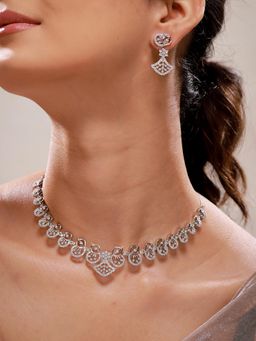 Voylla - Sparkling Elegance Silver Lotus Fan Cz Necklace Set