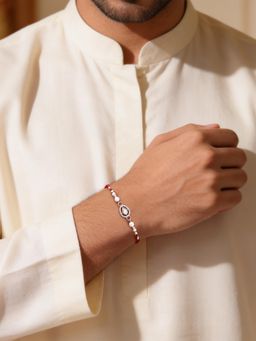 Ornate Jewels - 925 Silver White Polki Tear Pearl Thread Rakhi With Roli Chawal for Brother