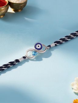Ornate Jewels - 925 Silver Blue Topaz Evil Eye Protective Thread Rakhi With Roli Chawal for Brother