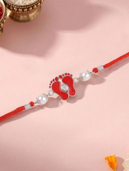 Ornate Jewels - 925 Silver White CZ Laxmi Charan Pearl Moti Thread Rakhi With Roli Chawal for Brother