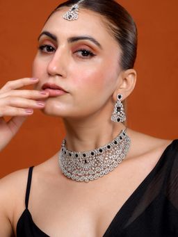 Silvermerc Designs - Black Stone American Diamond Choker Necklace Set with Maang Tikka for Women