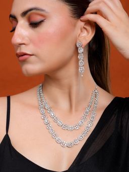 Silvermerc Designs - Double Layer American Diamond Necklace Set for Women Cz Crystal Necklace