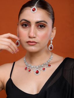 Silvermerc Designs - American Diamond Necklace Set with Maang Tikka for Women Cz Jewellery Set