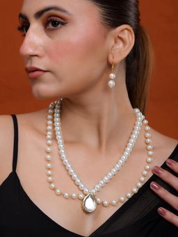 Silvermerc Designs - Double Layer Pearl Mala with Pendant and Earrings Necklace Set for Women