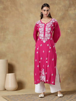 CLUB LOOM - Chikankari Pink Embroidered Modal Kurta for Women
