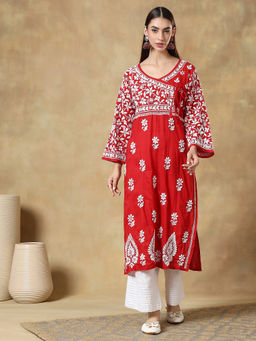 CLUB LOOM - Chikankari Red Embroidered Cotton Kurta for Women