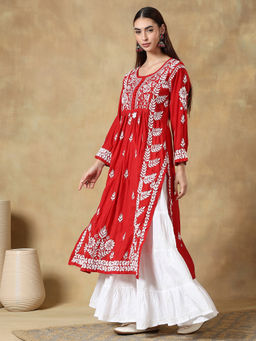 CLUB LOOM - Chikankari Red Embroider Roman Silk Kurta for Women