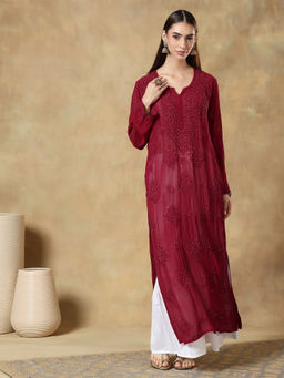 CLUB LOOM - Chikankari Maroon Embroidered Viscose Kurta for Women
