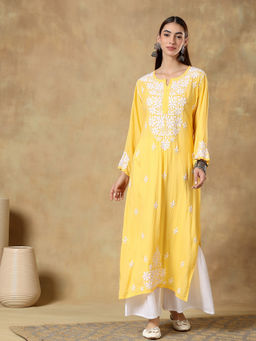 CLUB LOOM - Chikankari Yellow Embroidered Modal Kurta for Women