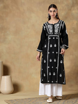 CLUB LOOM - Chikankari Black Embroidered Cotton Kurta for Women