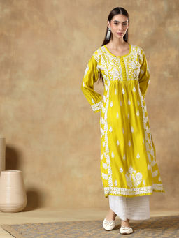 CLUB LOOM - Chikankari Mustard Embroidered Roman Silk Kurta for Women