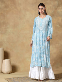 CLUB LOOM - Chikankari Blue Color Embroidered Muslin Kurta for Women