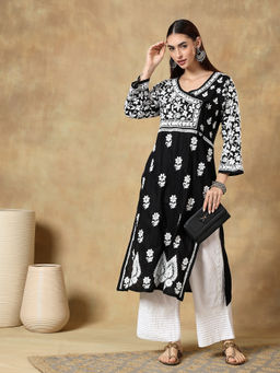 CLUB LOOM - Chikankari Black Embroidered Cotton Kurta for Women