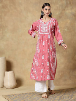 CLUB LOOM - Chikankari Pink Embroidered Roman Silk Kurta for Women