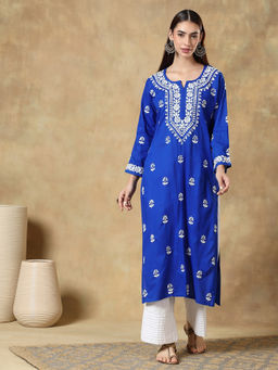 CLUB LOOM - Chikankari Blue Embroidered Cotton Kurta for Women