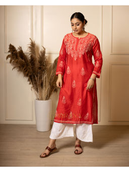 Gharana India - Red Chanderi Chikankari Bakhiya Work Kurta