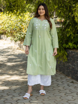 Gharana India - Light Green Pure Cotton Chikankari Embroidered Kurta