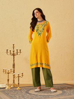 QAZMI - Women's Mustard Noor Kashmiri Embroidered Straight Kurta