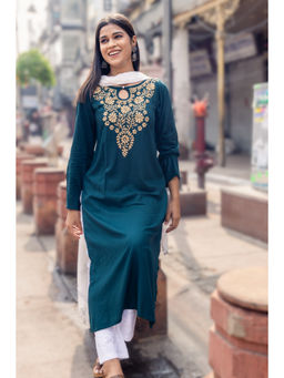 Gharana India - Bottle Green Luxury Rayon Chikankari Kurta