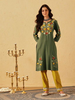 QAZMI - Women's Green Zaynab Kashmiri Embroidered Cotton Linen Kurta