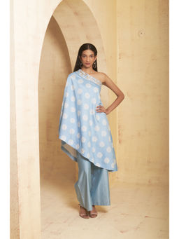 THETAA - Women's Blue Mirror Work Off Shoulder Kurti and Palazzo