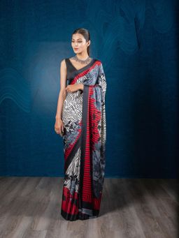 EXCLUSIVA - Multicolor Satin Crepe Digital Print Saree with Unstitched Blouse
