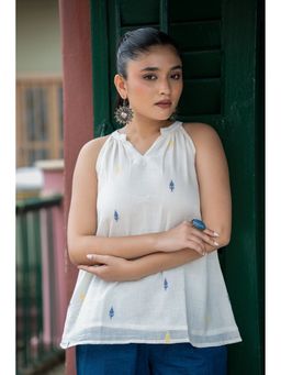 Sutra Art of Clothing - Off White Leaf Print Jamdani Top