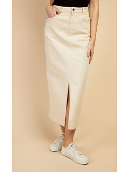 Little Mistress - Beige Denim Midaxi Skirt By Vogue Williams