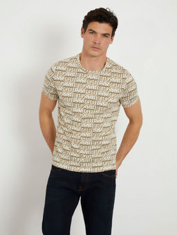 Guess - Men Beige Typography Round Neck Short Sleeves T-Shirt