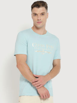 Guess - Men Blue Typography Round Neck Short Sleeves T-Shirt