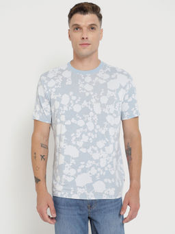 Guess - Men Blue Floral Printed Round Neck Short Sleeves T-Shirt