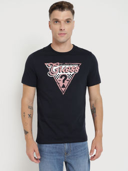Guess - Men Navy Blue Printed Round Neck Short Sleeves T-Shirt