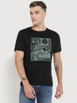 Guess - Men Black Graphic Printed Round Neck Short Sleeves T-Shirt