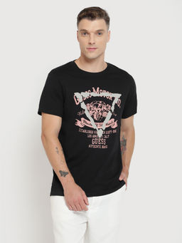 Guess - Men Black Printed Round Neck Short Sleeves T-Shirt