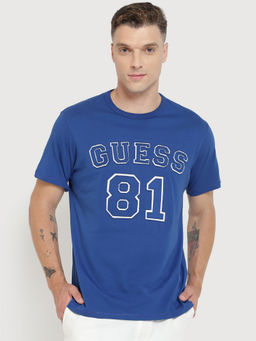 Guess - Men Blue Typography Round Neck Short Sleeves Varsity T-Shirt