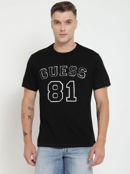 Guess - Men Black Typography Round Neck Short Sleeves Varsity T-Shirt