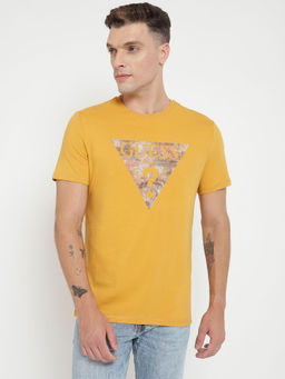 Guess - Men Yellow Printed Round Neck Short Sleeves T-Shirt