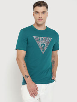 Guess - Men Green Printed Round Neck Short Sleeves T-Shirt