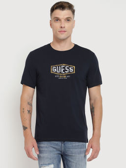 Guess - Men Navy Blue Typography Round Neck Short Sleeves T-Shirt